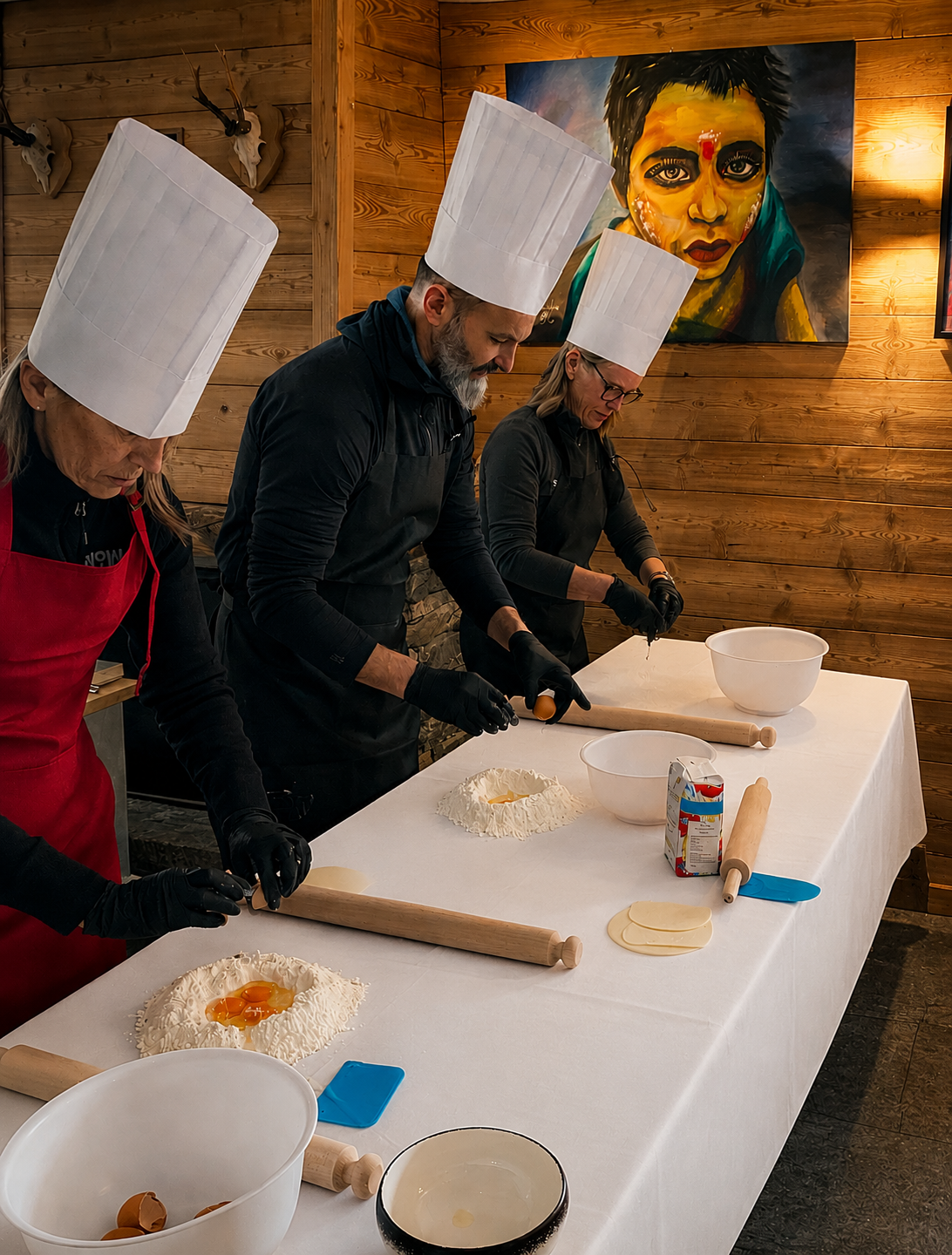 Team building in cucina: partecipanti con cappelli da chef lavorano insieme a tavola in un ambiente in legno, Les Dames Anglaises.